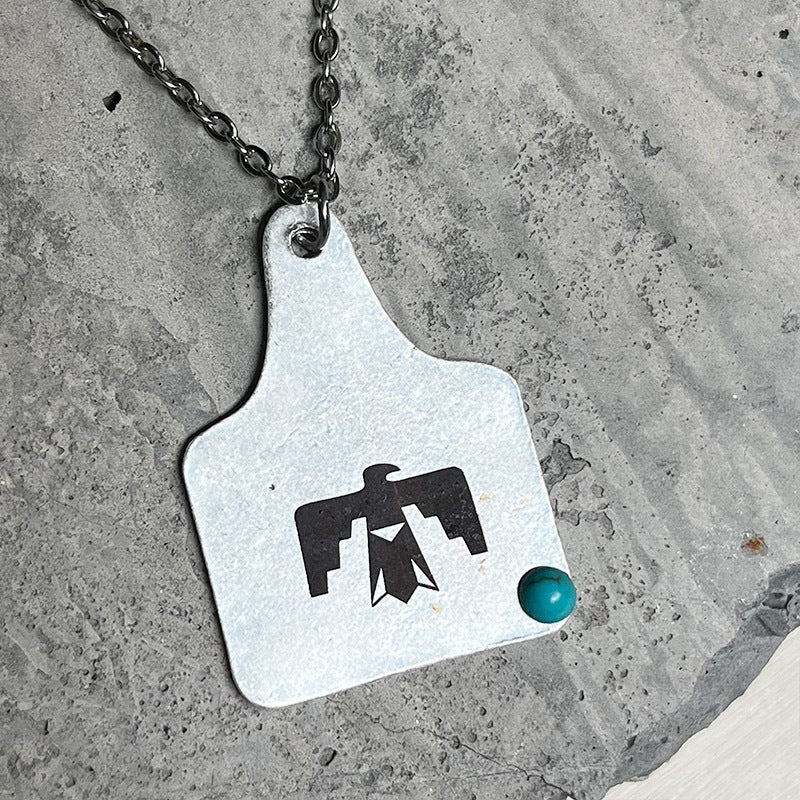 Western Cowboy Necklace with Vintage Turquoise, Bull Head, Thunderbird, and Horseshoe - Wild and Simple Design