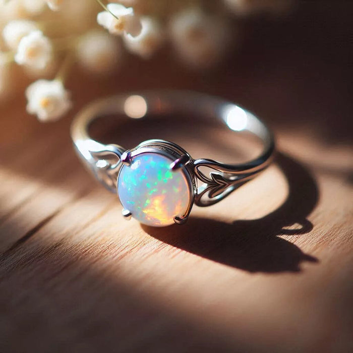 Floral Line Heart Shape Metal Imitation Opal Ring for Women