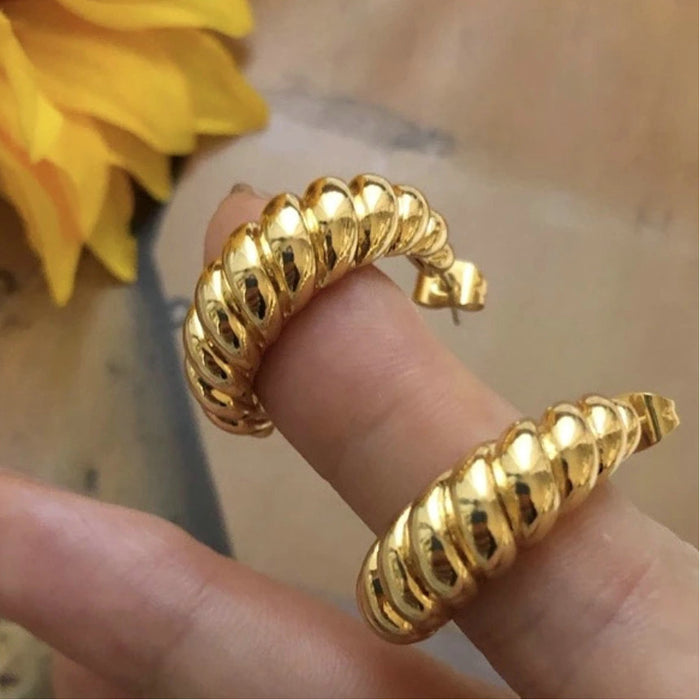 New Braided Hoop Earrings - 18K Gold Plated Stainless Steel Croissant Shaped Earrings