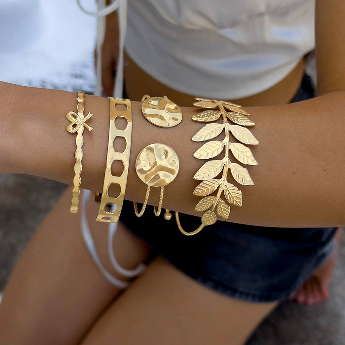 Vintage Leaf Bracelet Set - Four-Piece Jewelry with Geometric and Butterfly Accents