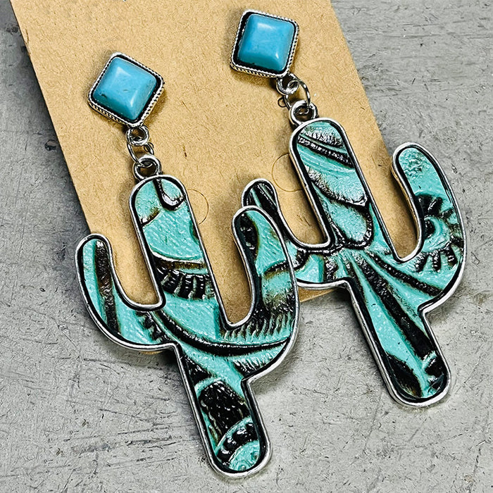 Vintage Cactus Leather Earrings with Turquoise Design