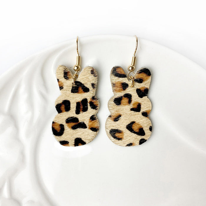 Easter Bunny Earrings with Faux Pearl Pendant, Leopard Print, and Gold Dots on Cowhide Leather