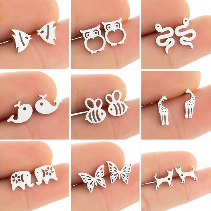 Animal earrings, 2023 retro European and American mini stainless steel cute giraffe snake fish rabbit cat ear jewelry