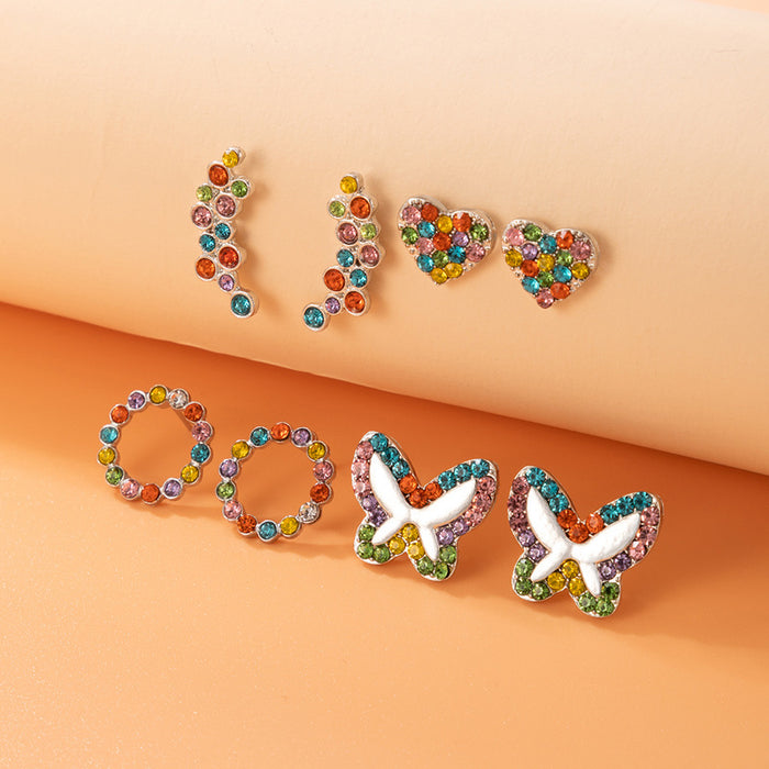 Colorful butterfly heart earrings set irregular geometric four-piece set