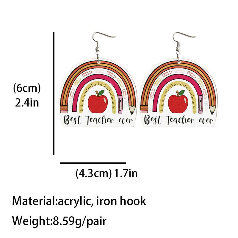 Cute Teacher Earrings with Ruler, Pencil, Apple, and Rainbow Designs