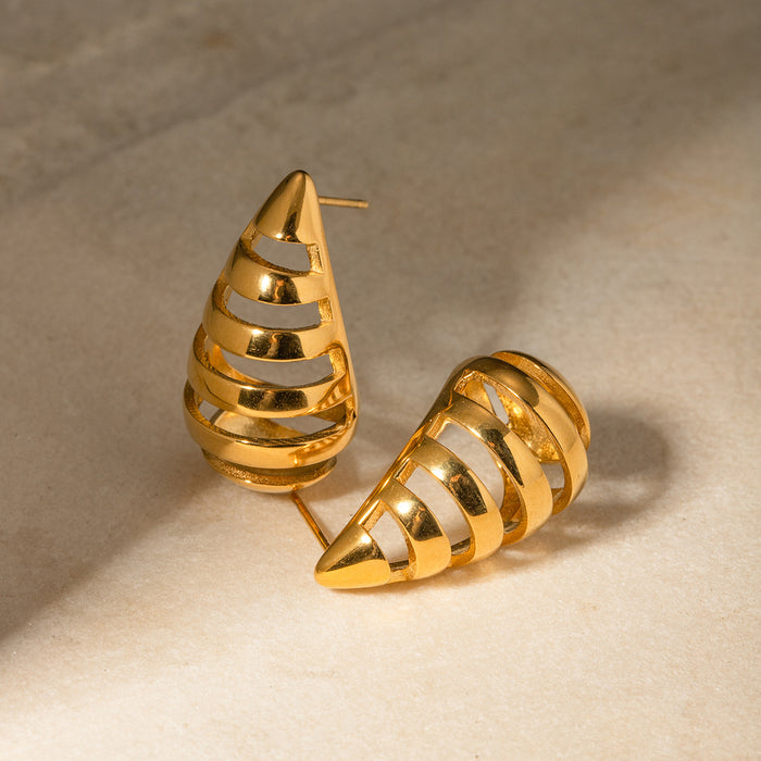 18K Gold Plated Stainless Steel Striped Hollow Teardrop Earrings - Minimalist Style