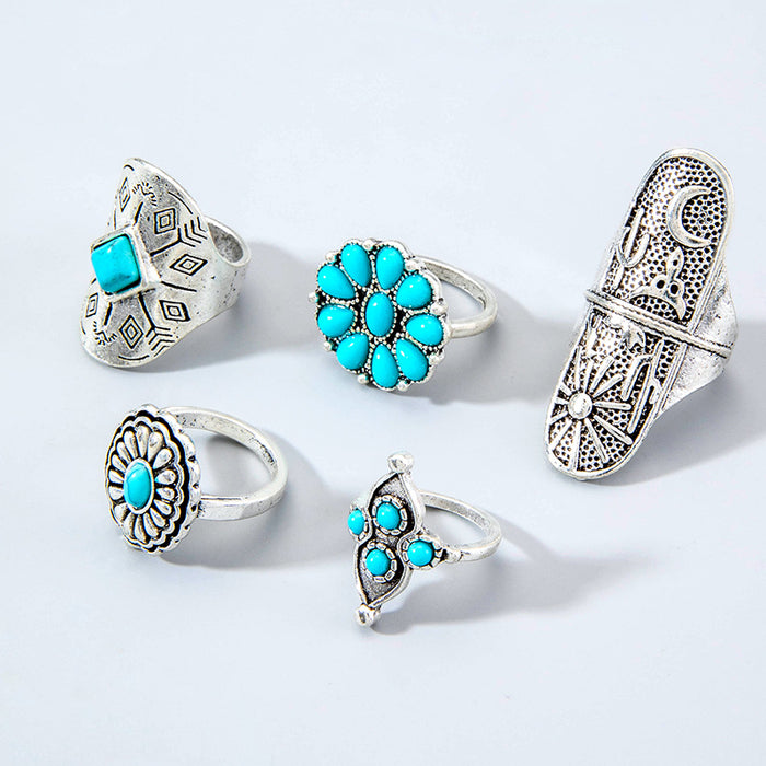 Vintage Totem Flower Turquoise Ring Set - 5pcs Unique Knuckle Rings