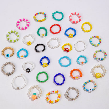 Colorful Beaded Flower Rings - 10pcs Set