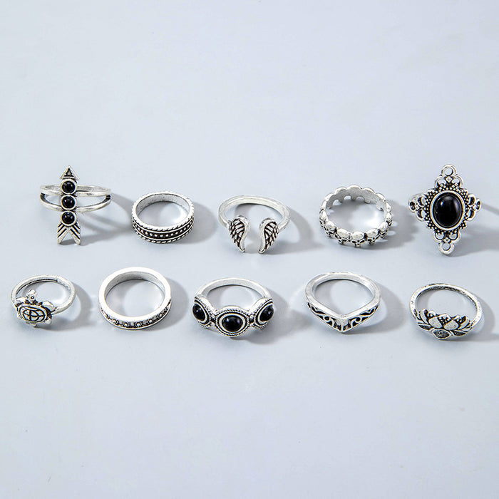 Vintage Bohemian Gemstone Feather Turtle Ring Set - 10pcs Stylish Women's Rings