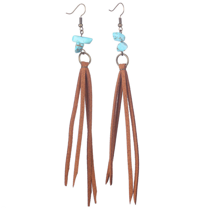 Vintage Long Turquoise Leather Tassel Earrings with Creative Style