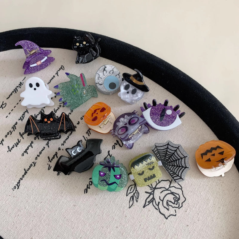 Wholesale Halloween Acrylic Mini Hair Clips Set - Spooky Ghost, Pumpkin, Bat & Witch Hat Hair Claws & Barrettes - wallojewerly 