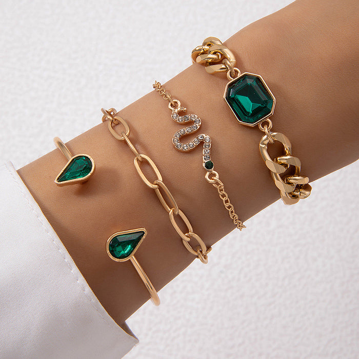 Green Rhinestone Gemstone Bracelet Set - Four-Piece Luxurious Women’s Jewelry