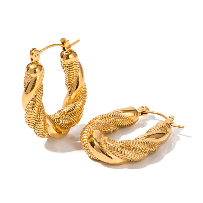 Aros ovalados de doble trenzado estilo vintage europeo: joyería con forma de U de acero inoxidable chapado en oro de 18 quilates para mujer