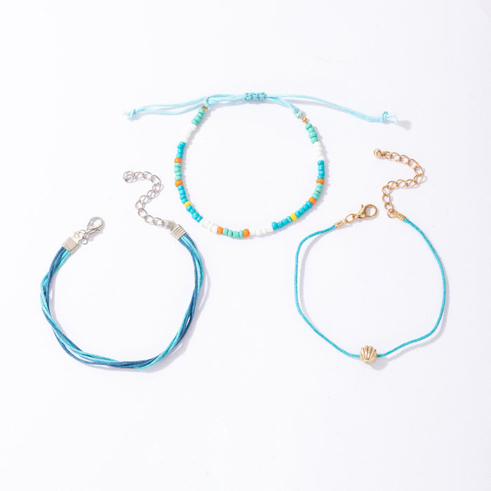 Ethnic Beaded Bracelet Set with Shell Charm and Adjustable Cord