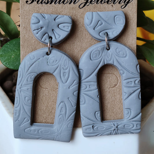 Handmade Morandi Color Clay Earrings - Geometric Embossed Design for a Vacation Look