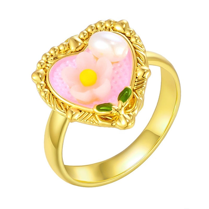 Wholesale copper micro-inlaid enamel painted flower heart-shaped open ring