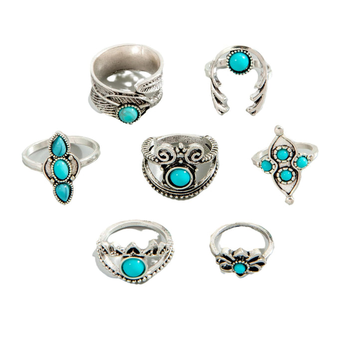 Bohemian Turquoise Ring Set – Feather & Crown Rings, 7-Piece Collection