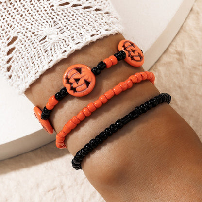 Halloween Pumpkin Beaded Bracelet Set - Dark Skull Beaded Bracelet