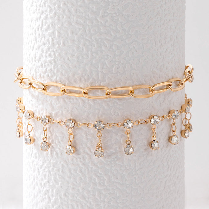 Crystal Tassel Double-Layer Anklet with Geometric Chain Design