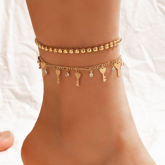 Alloy Moon Double Layer Anklet with Geometric Round Pendant Multi-Layer Chain