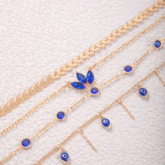 Blue Gemstone Leaf Multi-Layer Anklets - Luxe Eye Tassel Foot Jewelry