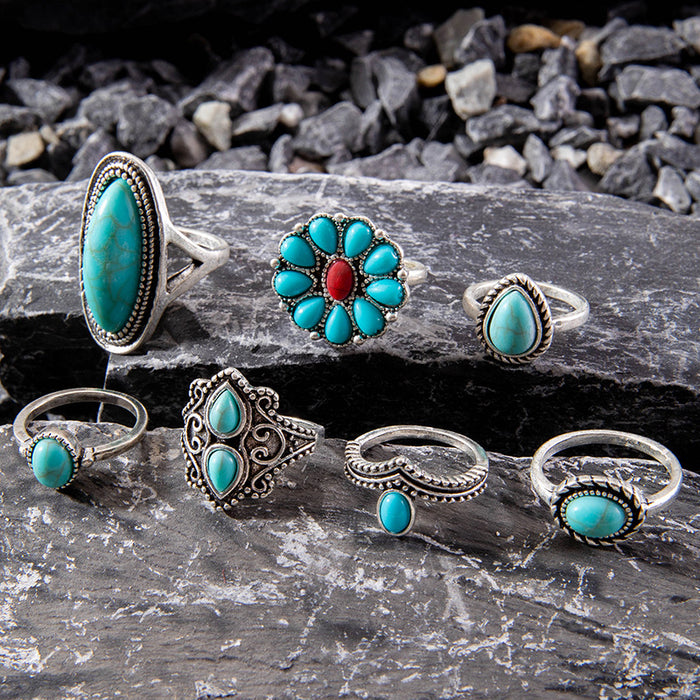 Bohemian Turquoise Ring Set - Stylish Seven-Piece Set for Women