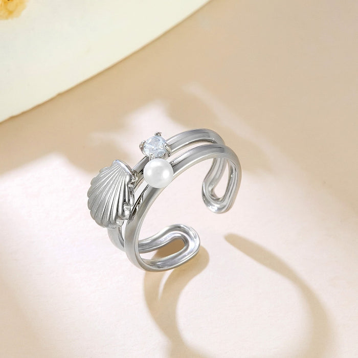 Wholesale stainless steel 18K gold inlaid imitation pearl scallop rings