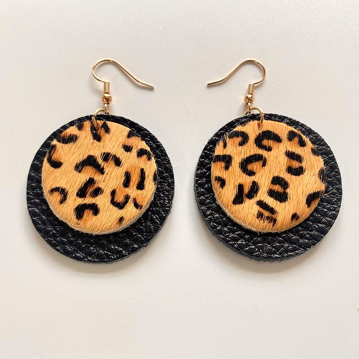 Dark Leopard Patchwork Leather Earrings with Creative Geometric Design