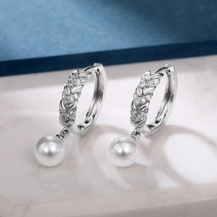 White gold plated zircon wheat imitation pearl shell bead earrings for women