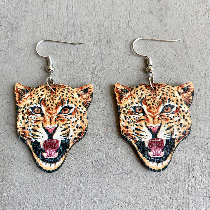 Wooden animal tiger earrings