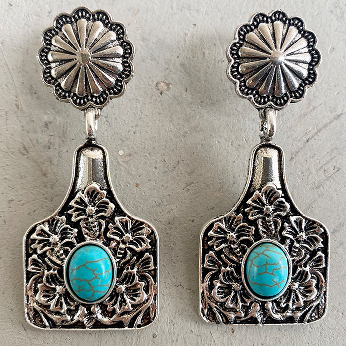 Vintage Floral Bull Tag and Pumpkin Flower Earrings with Turquoise and Alloy Design - wallojewerly 