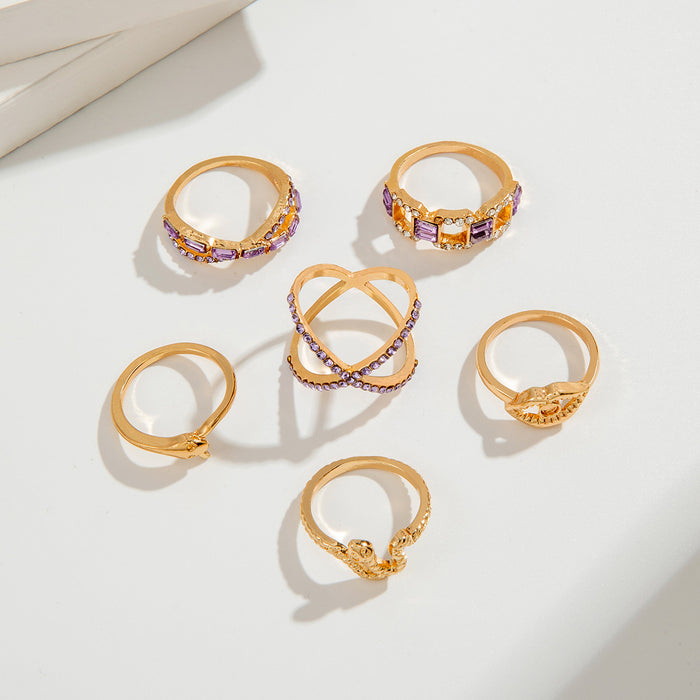 Fashionable Snake-Shaped Gold Ring Set with Geometric Cut-Outs – 6-Piece Collection