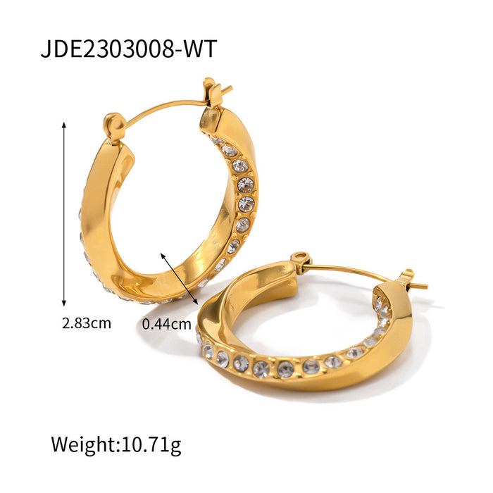 Fashionable 18K Gold Stainless Steel White Zircon Mobius Twist Hoop Earrings