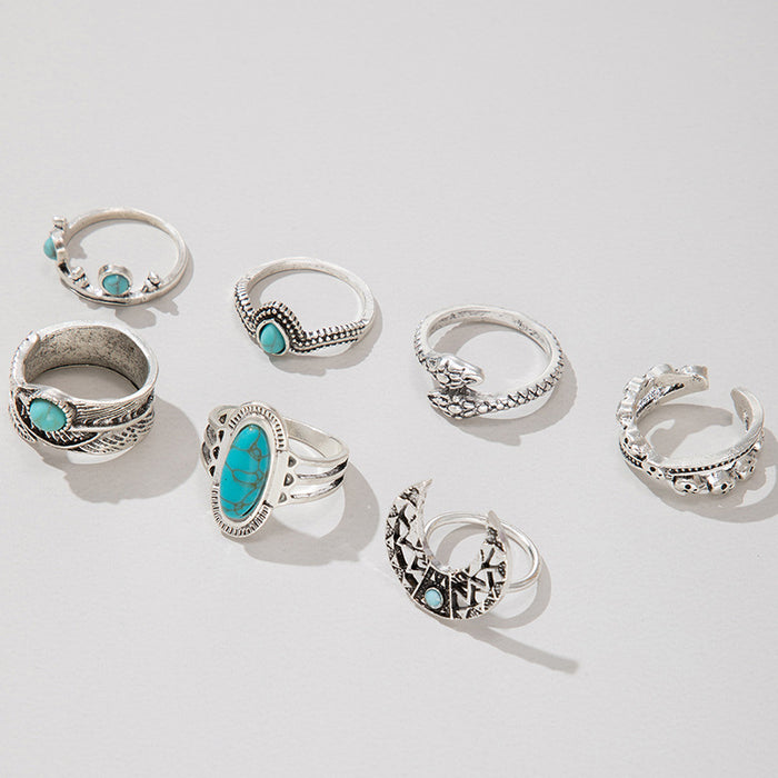 Turquoise retro feather crescent snake-shaped eight-piece ring set