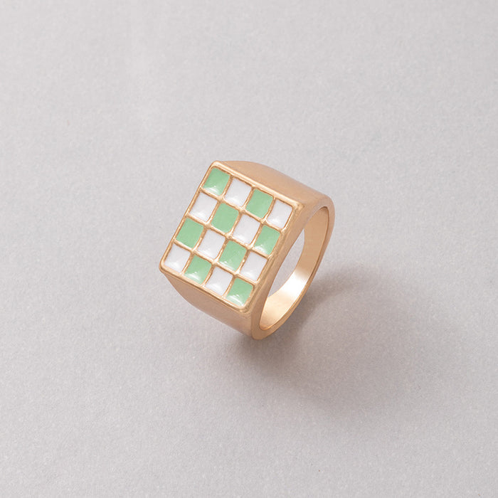 Oil dripping square checkerboard colorblock ring