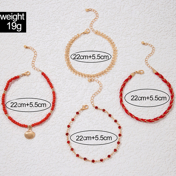 Bohemian Shell Tassel Beaded Anklet Set - Multilayer Leaf Jewelry