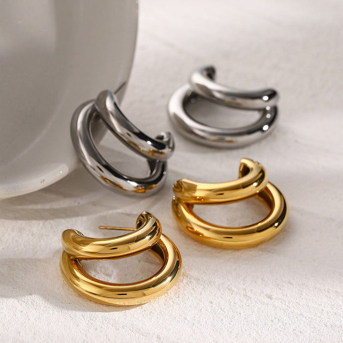 18K Gold Plated Stainless Steel Double Layered C-Shape Earrings - Fashionable Jewelry