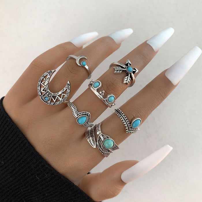 Boho Turquoise Moon Leaf Arrow Seven-Piece Ring Set