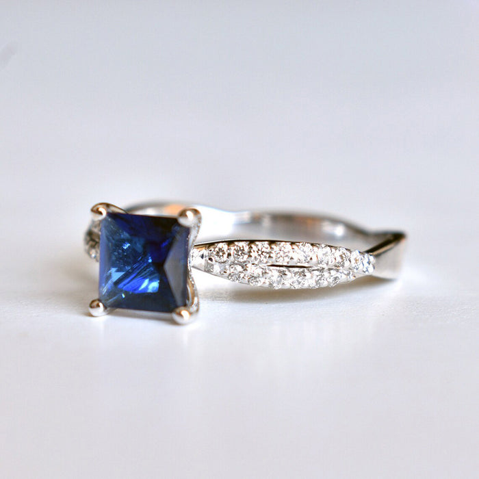 Square blue gemstone ring princess wave design ring