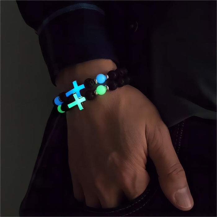 Wholesale Multi-colored Glow-in-the-Dark Volcanic Stone Bracelets with Cross Beads - wallojewerly 
