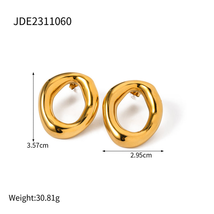 18K Gold Plated Stainless Steel Hollow Oval Earrings - Fashionable Jewelry Gift for Women