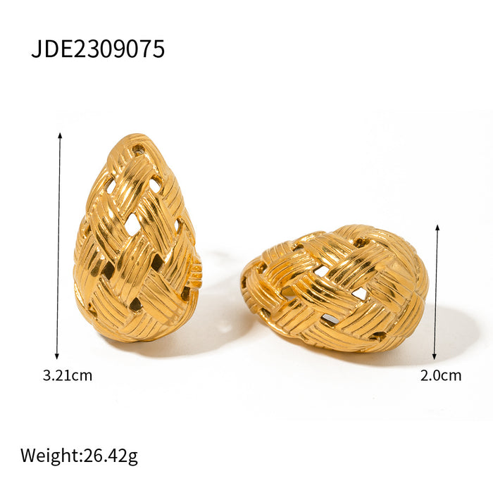 Cross-Border  18K Gold Stainless Steel Weave Texture Teardrop Earrings - Gold Titanium Steel Jewelry