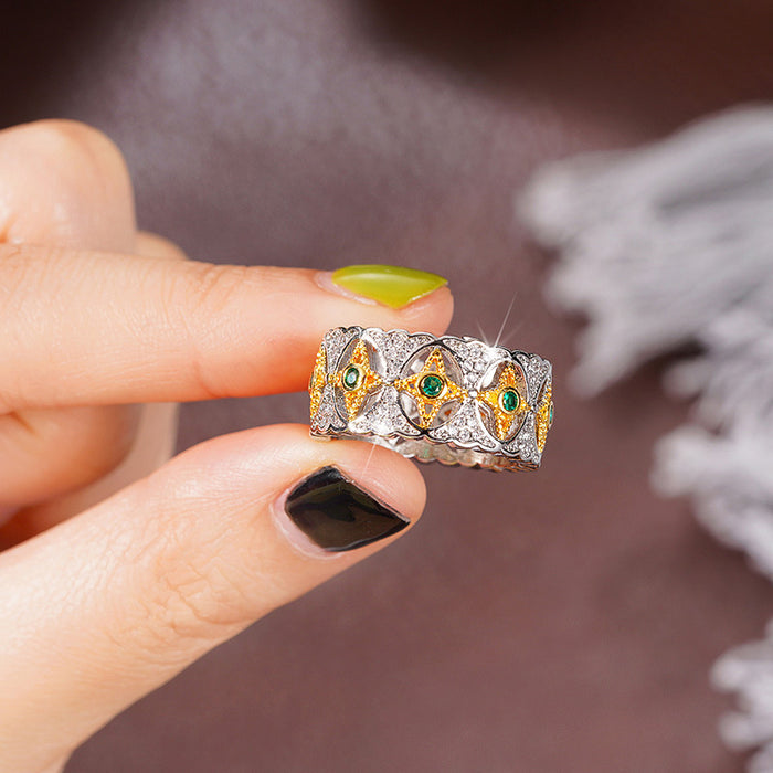 Anillo bicolor con diseño de encaje hueco de estrella, luna y flor medieval francesa