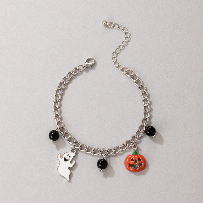 Halloween Pumpkin Enamel Anklet with Cat and Ghost Bead Charm