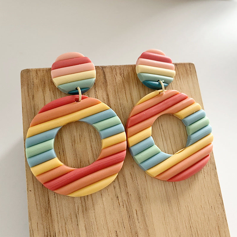 Handmade Rainbow Stripe Clay Earrings - Multicolor Geometric Hoop Design