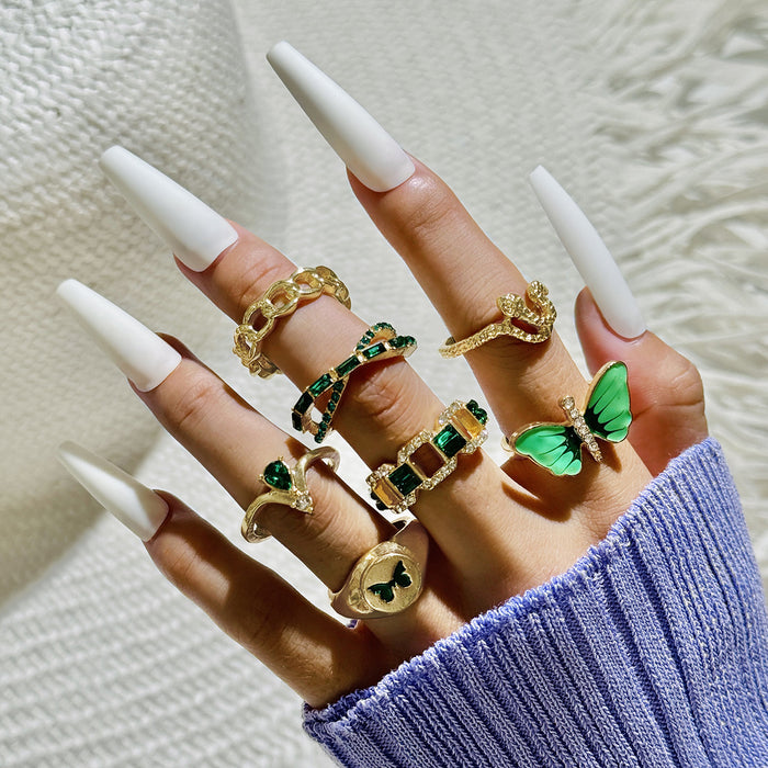 Green Enamel Butterfly Ring Set with Diamond Accents – Geometric Cut-Out Snake Rings, 7-Piece Set