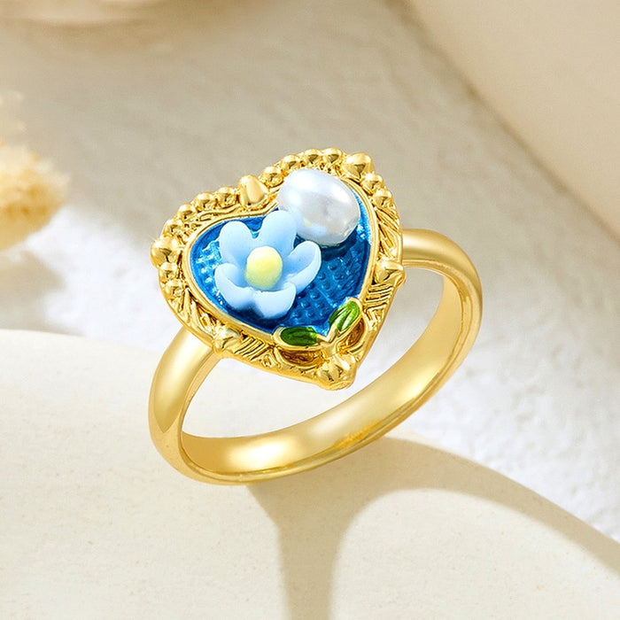Wholesale copper micro-inlaid enamel painted flower heart-shaped open ring