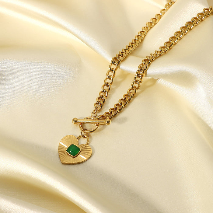 18K Gold-Plated Heart Pendant Necklace with Green Agate - Women's Fashion Jewelry