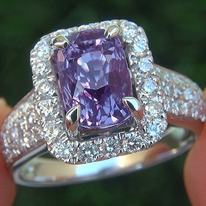 Anillo cuadrado de doble capa con topacio y diamante morado