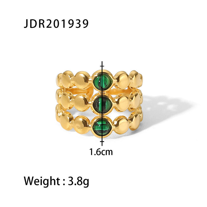 Anillo abierto de malaquita de acero inoxidable bañado en oro de 18 quilates: joyería de moda para mujer